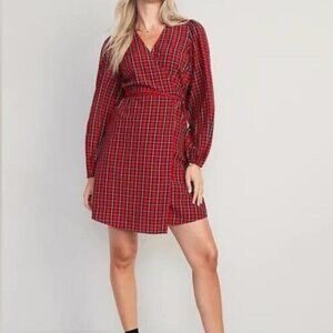 Old Navy Puff-Sleeve Red Plaid Seersucker Mini Wrap Dress Size Large